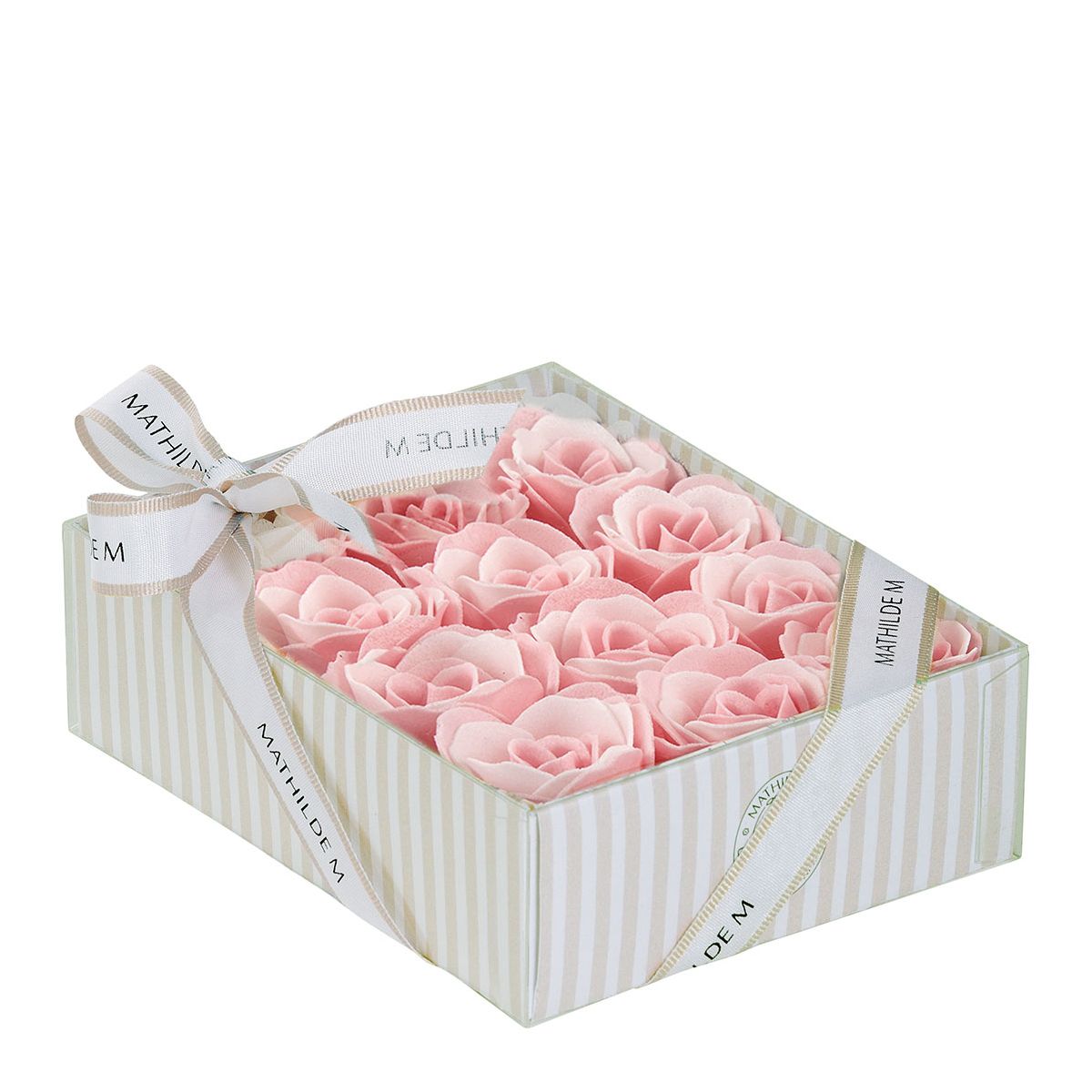 Caixa com 12 rosas em folhas de sabonete rosa e branco - perfume Rose